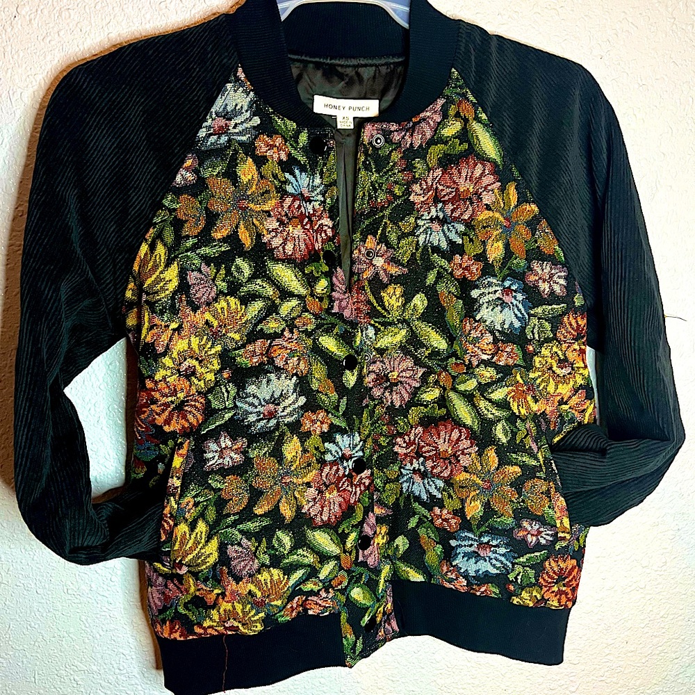Honey Punch | NWT Women’s Florals Bomber Jacket | Sparkly Button Up Coat | Sz XS